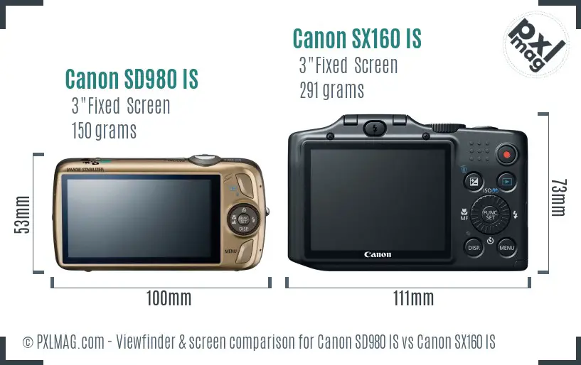 Canon SD980 IS vs Canon SX160 IS Screen and Viewfinder comparison