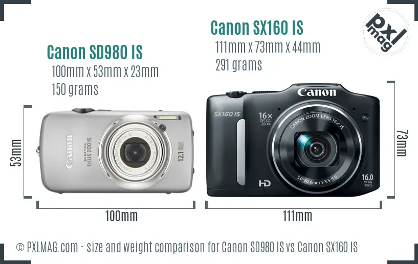 Canon SD980 IS vs Canon SX160 IS size comparison