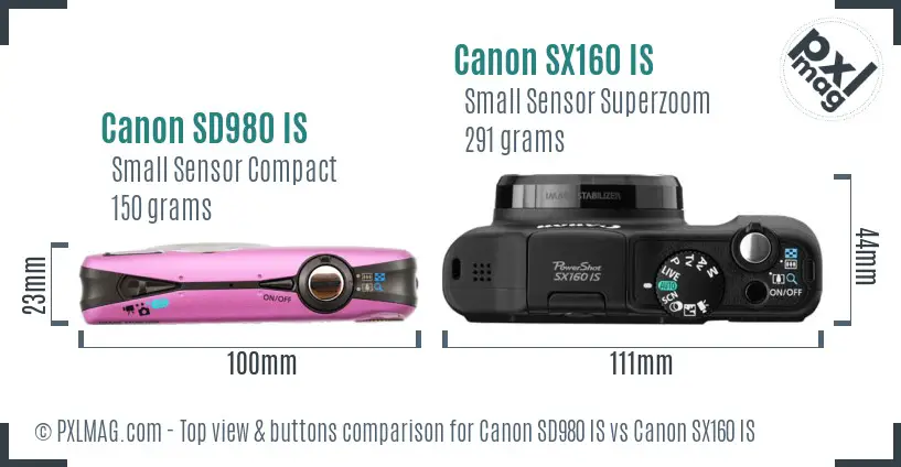 Canon SD980 IS vs Canon SX160 IS top view buttons comparison
