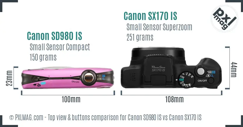 Canon SD980 IS vs Canon SX170 IS top view buttons comparison