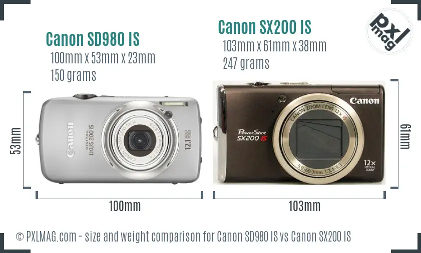 Canon SD980 IS vs Canon SX200 IS size comparison
