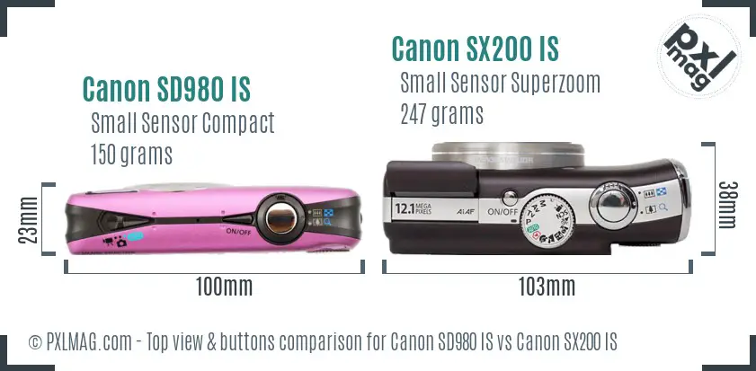 Canon SD980 IS vs Canon SX200 IS top view buttons comparison