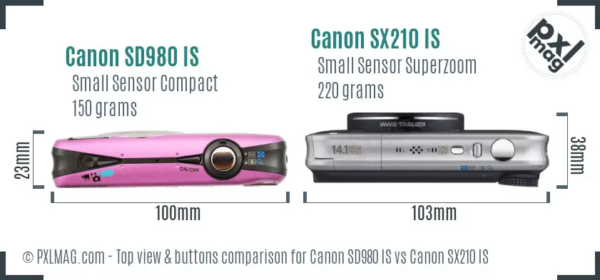 Canon SD980 IS vs Canon SX210 IS top view buttons comparison