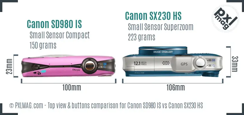 Canon SD980 IS vs Canon SX230 HS top view buttons comparison