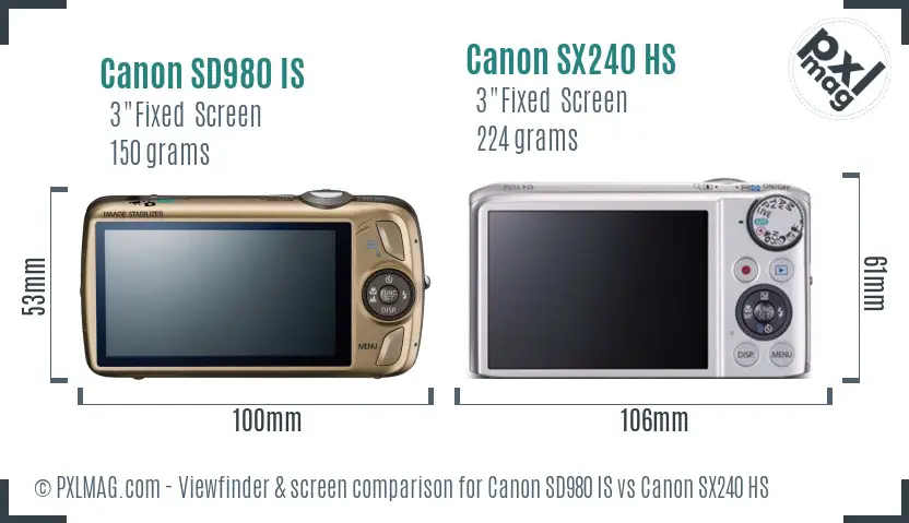 Canon SD980 IS vs Canon SX240 HS Screen and Viewfinder comparison