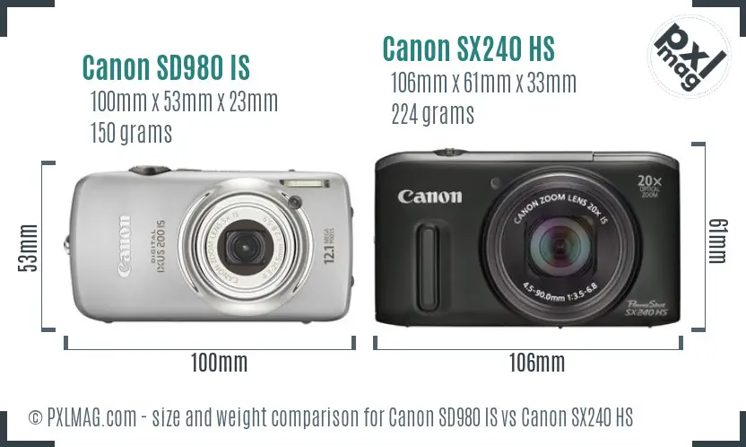 Canon SD980 IS vs Canon SX240 HS size comparison