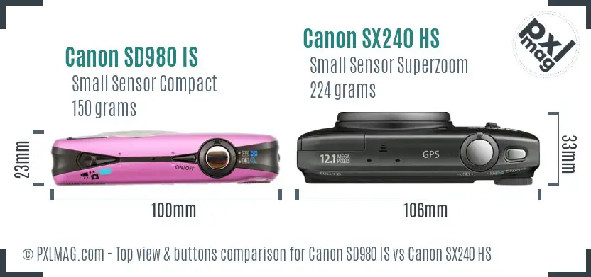 Canon SD980 IS vs Canon SX240 HS top view buttons comparison