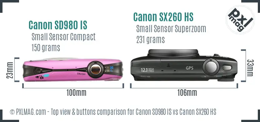 Canon SD980 IS vs Canon SX260 HS top view buttons comparison