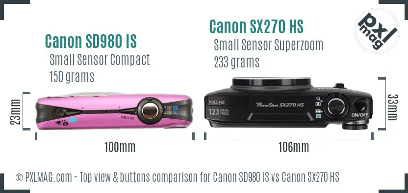 Canon SD980 IS vs Canon SX270 HS top view buttons comparison