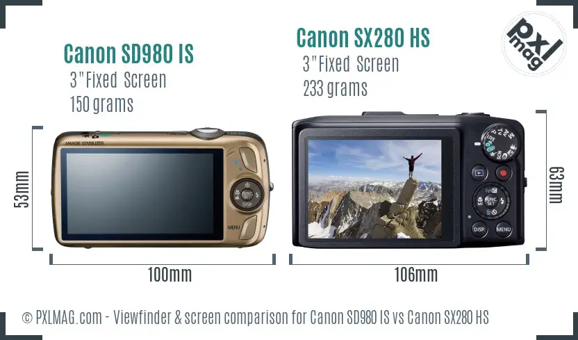 Canon SD980 IS vs Canon SX280 HS Screen and Viewfinder comparison