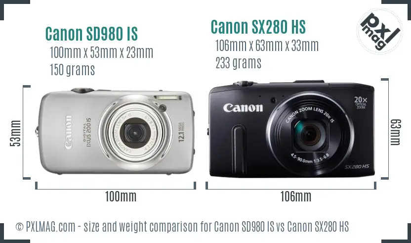 Canon SD980 IS vs Canon SX280 HS size comparison
