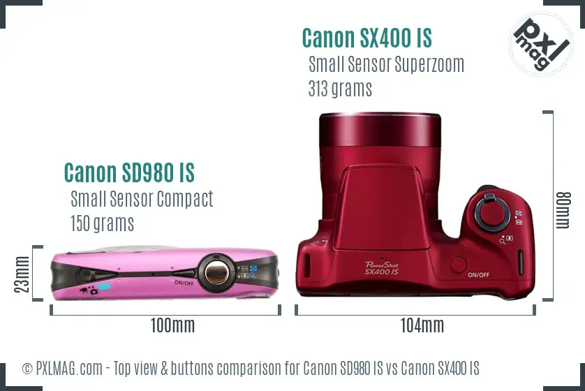 Canon SD980 IS vs Canon SX400 IS top view buttons comparison