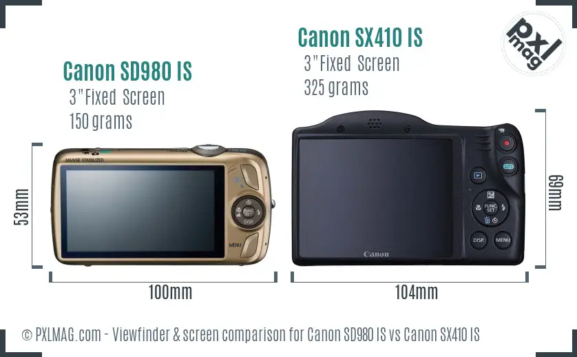 Canon SD980 IS vs Canon SX410 IS Screen and Viewfinder comparison