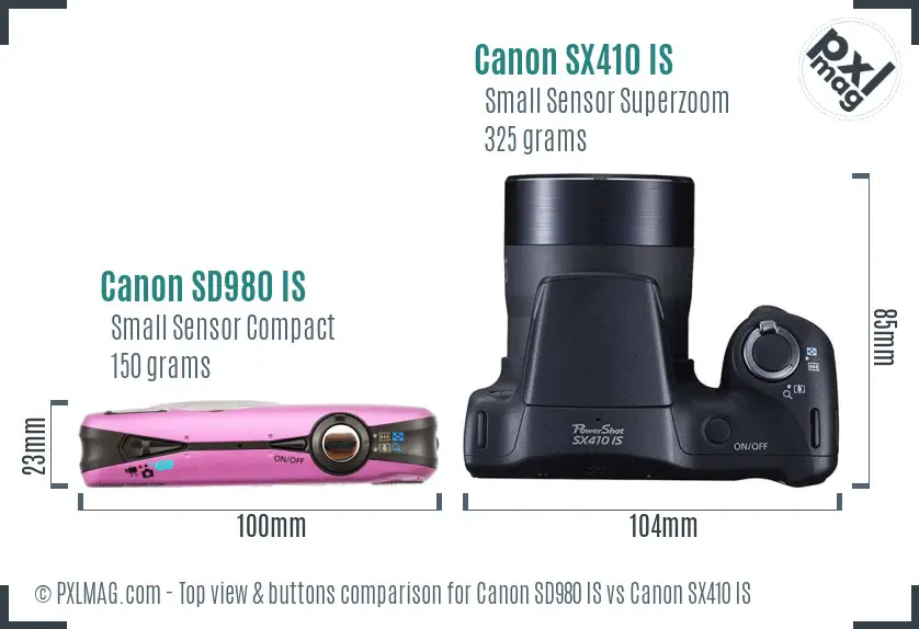 Canon SD980 IS vs Canon SX410 IS top view buttons comparison