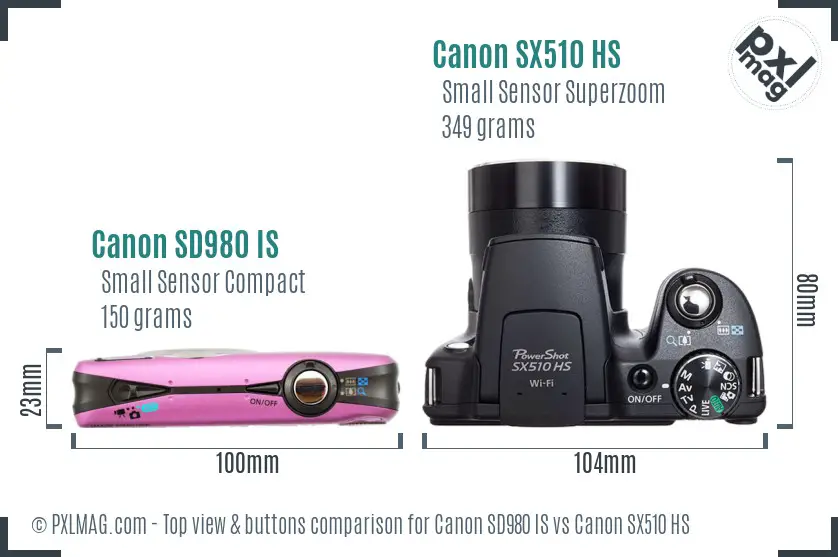 Canon SD980 IS vs Canon SX510 HS top view buttons comparison