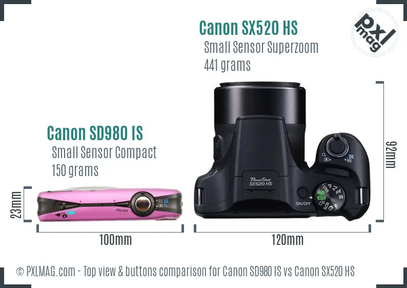 Canon SD980 IS vs Canon SX520 HS top view buttons comparison