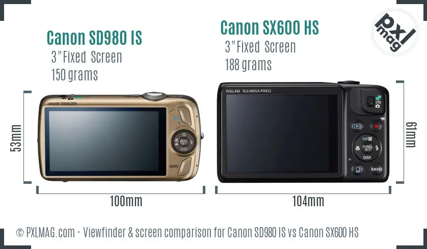 Canon SD980 IS vs Canon SX600 HS Screen and Viewfinder comparison