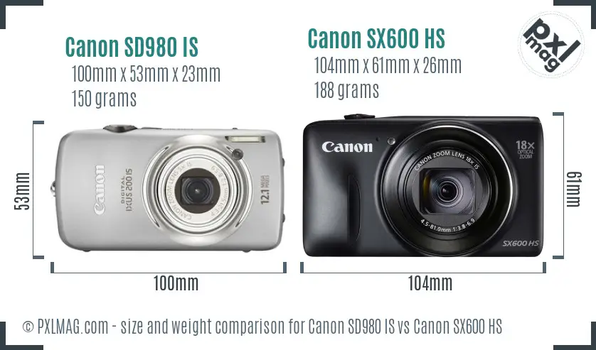 Canon SD980 IS vs Canon SX600 HS size comparison
