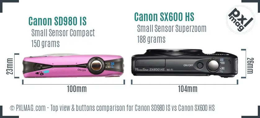 Canon SD980 IS vs Canon SX600 HS top view buttons comparison