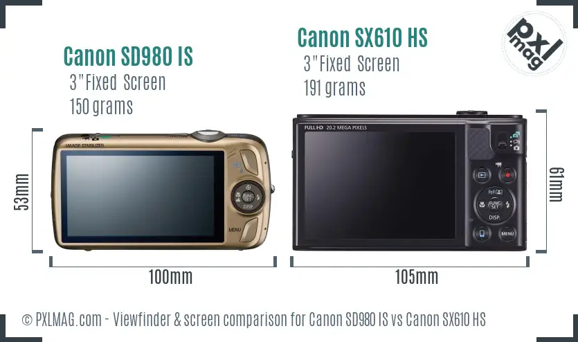 Canon SD980 IS vs Canon SX610 HS Screen and Viewfinder comparison