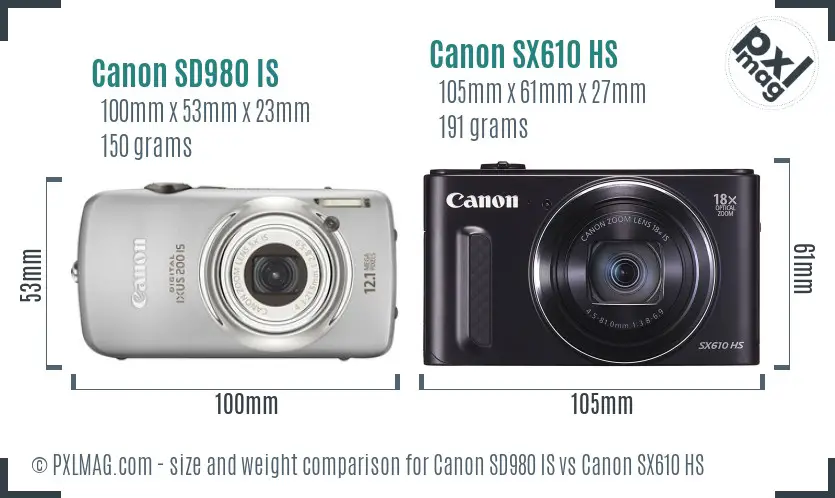 Canon SD980 IS vs Canon SX610 HS size comparison