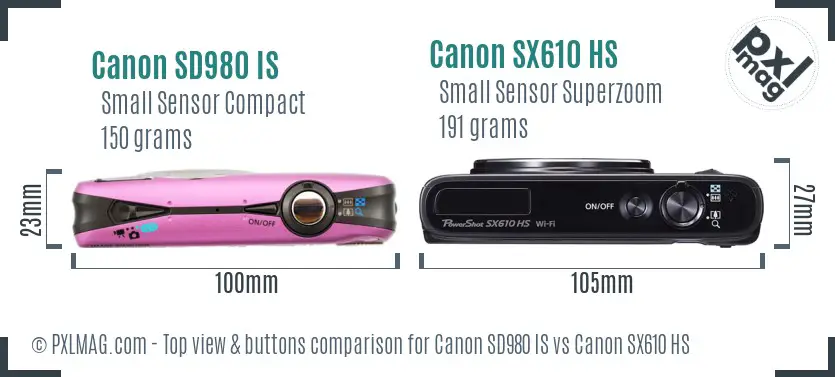 Canon SD980 IS vs Canon SX610 HS top view buttons comparison