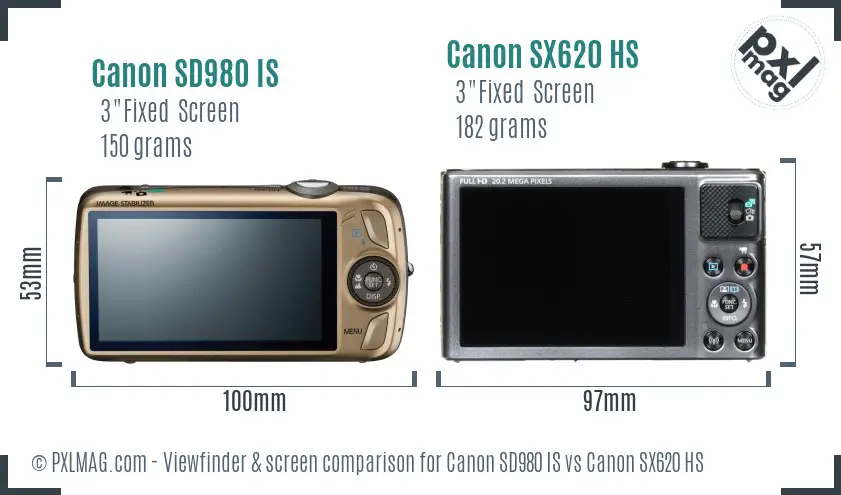 Canon SD980 IS vs Canon SX620 HS Screen and Viewfinder comparison