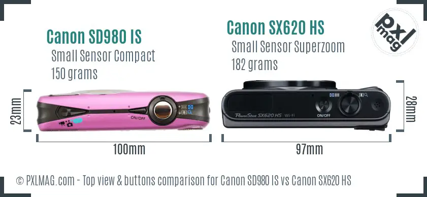 Canon SD980 IS vs Canon SX620 HS top view buttons comparison