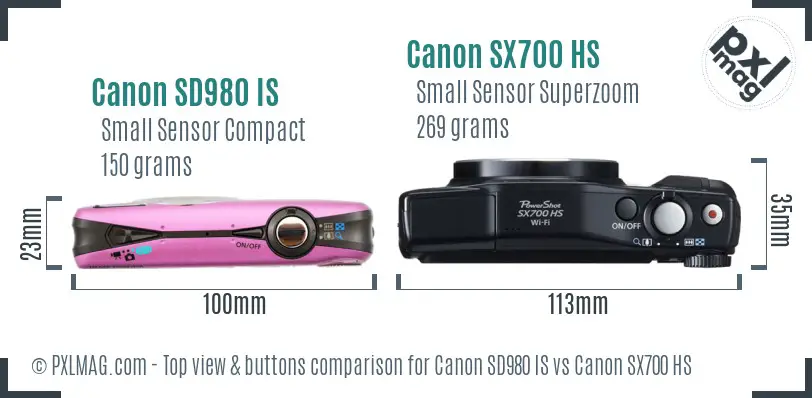 Canon SD980 IS vs Canon SX700 HS top view buttons comparison