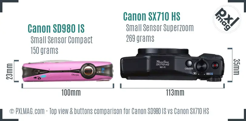 Canon SD980 IS vs Canon SX710 HS top view buttons comparison