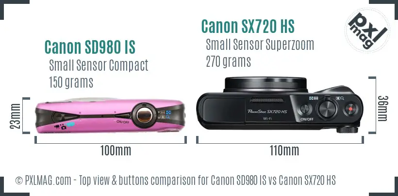 Canon SD980 IS vs Canon SX720 HS top view buttons comparison