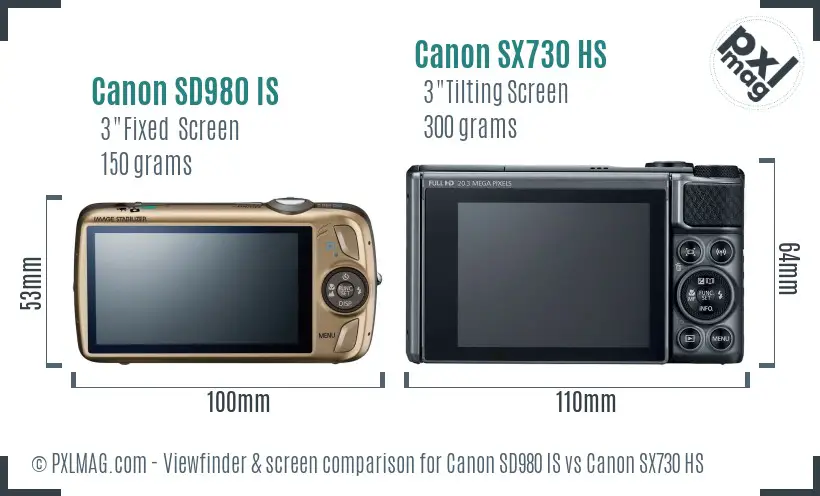 Canon SD980 IS vs Canon SX730 HS Screen and Viewfinder comparison