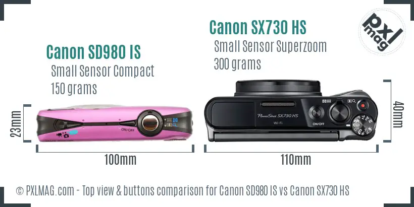 Canon SD980 IS vs Canon SX730 HS top view buttons comparison