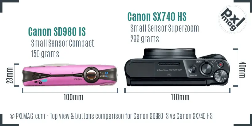 Canon SD980 IS vs Canon SX740 HS top view buttons comparison