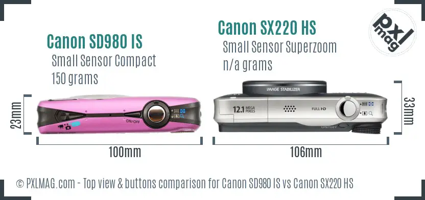 Canon SD980 IS vs Canon SX220 HS top view buttons comparison