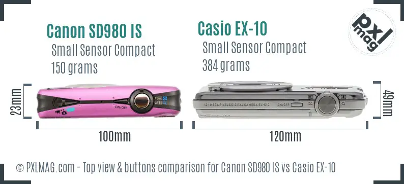 Canon SD980 IS vs Casio EX-10 top view buttons comparison