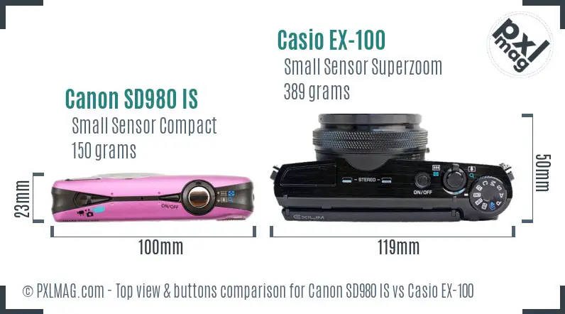 Canon SD980 IS vs Casio EX-100 top view buttons comparison