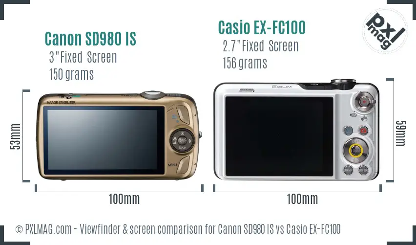 Canon SD980 IS vs Casio EX-FC100 Screen and Viewfinder comparison