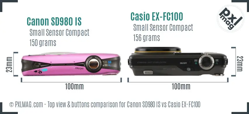 Canon SD980 IS vs Casio EX-FC100 top view buttons comparison
