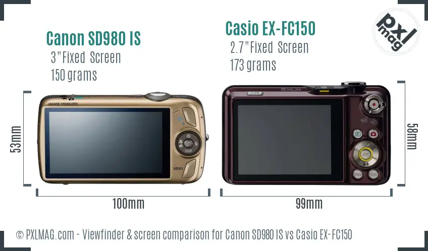 Canon SD980 IS vs Casio EX-FC150 Screen and Viewfinder comparison