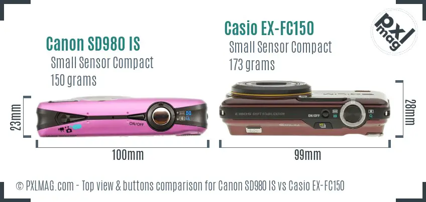 Canon SD980 IS vs Casio EX-FC150 top view buttons comparison