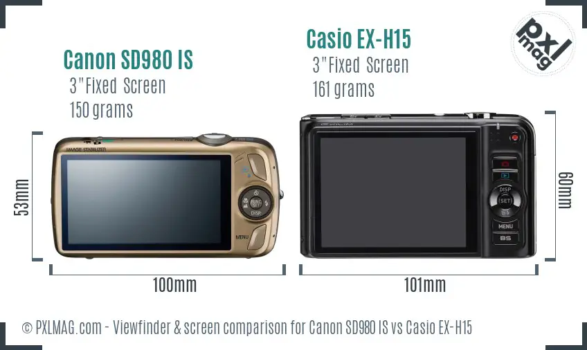 Canon SD980 IS vs Casio EX-H15 Screen and Viewfinder comparison