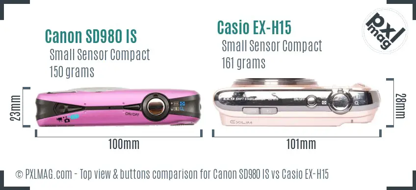 Canon SD980 IS vs Casio EX-H15 top view buttons comparison