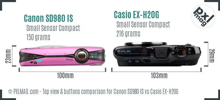 Canon SD980 IS vs Casio EX-H20G top view buttons comparison