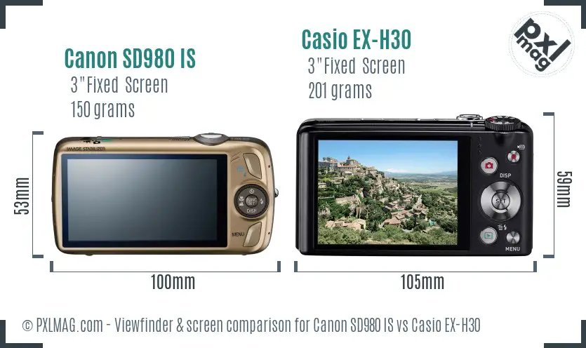 Canon SD980 IS vs Casio EX-H30 Screen and Viewfinder comparison