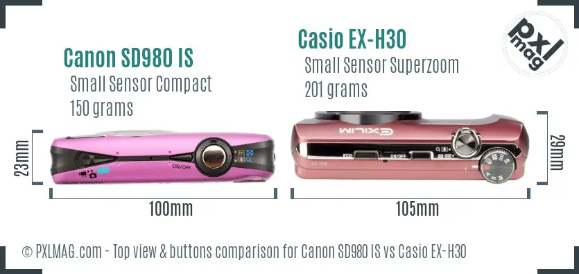 Canon SD980 IS vs Casio EX-H30 top view buttons comparison