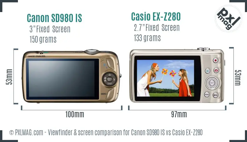 Canon SD980 IS vs Casio EX-Z280 Screen and Viewfinder comparison