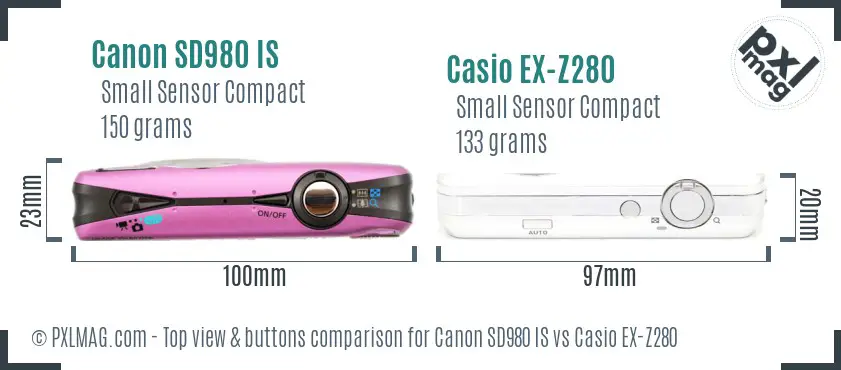 Canon SD980 IS vs Casio EX-Z280 top view buttons comparison