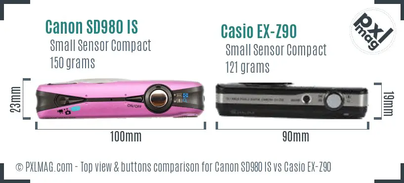 Canon SD980 IS vs Casio EX-Z90 top view buttons comparison