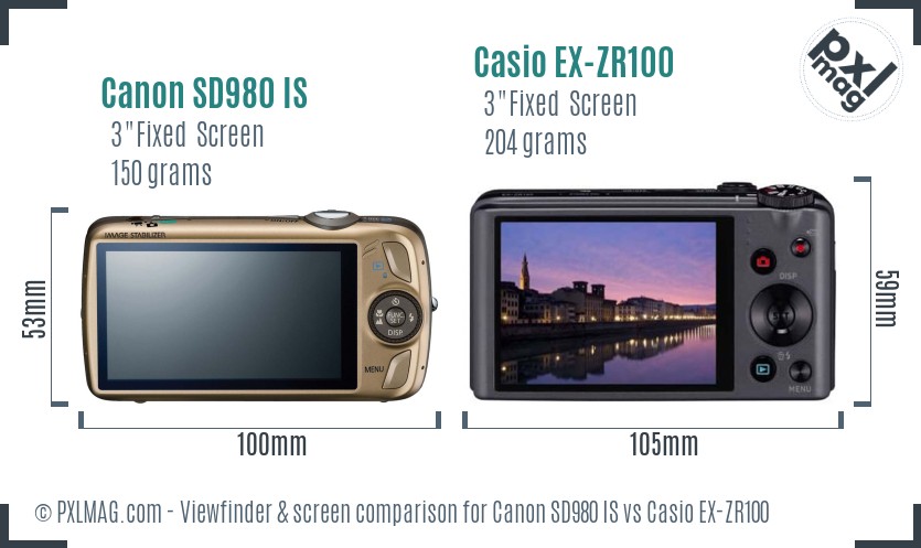 Canon SD980 IS vs Casio EX-ZR100 Screen and Viewfinder comparison